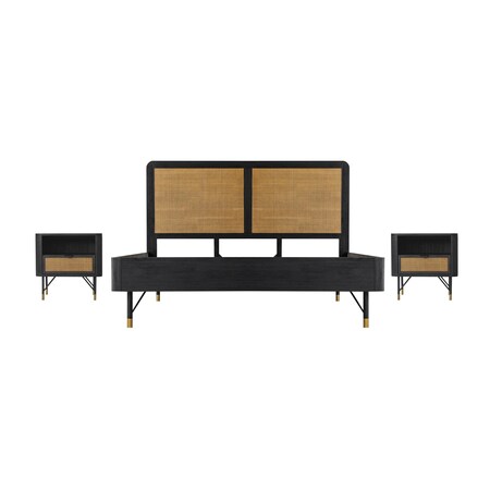 Armen Living Saratoga 3 Piece King Bedroom Set in Black Acacia Wood and Rattan SETSRBDKG3A